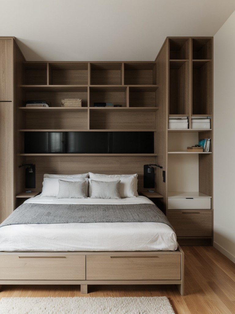 Maximize functionality in a small studio apartment with smart storage solutions like built-in shelving, under-bed storage, and ottomans with hidden compartments.