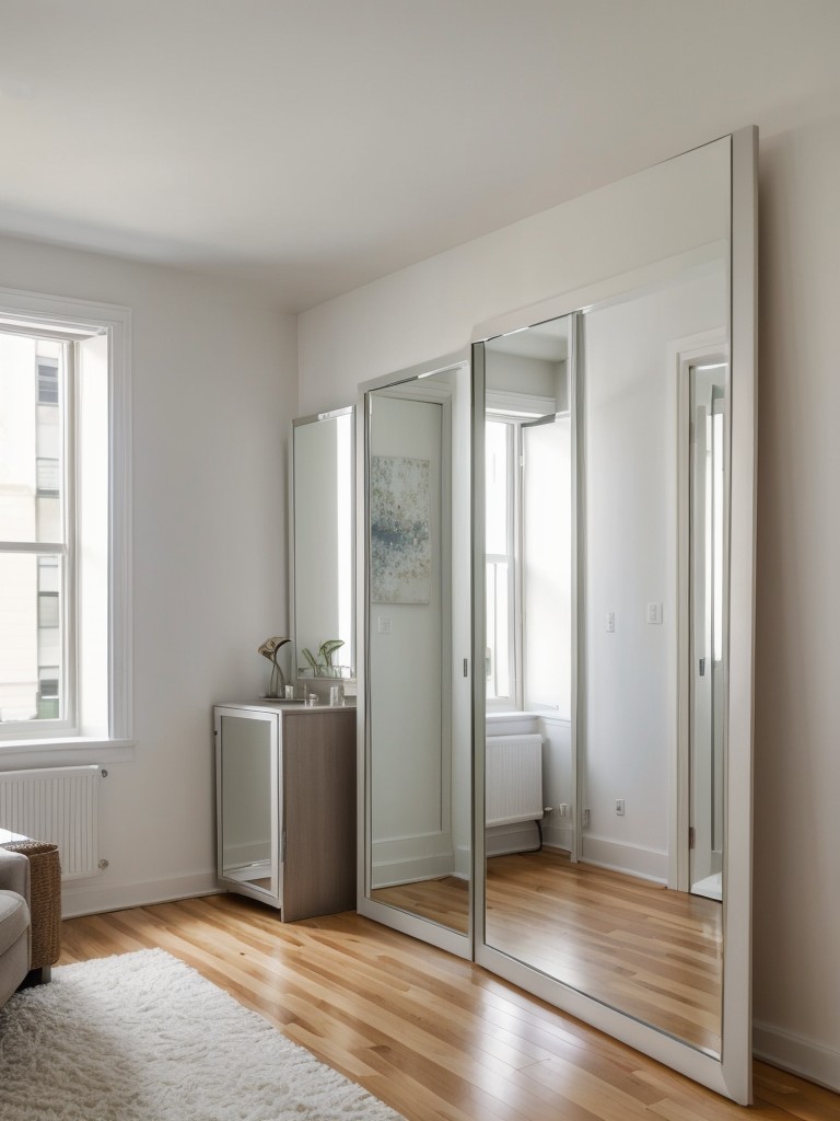 Maximize the use of mirrors in a small studio apartment to create the illusion of more space and to reflect light throughout the living area.