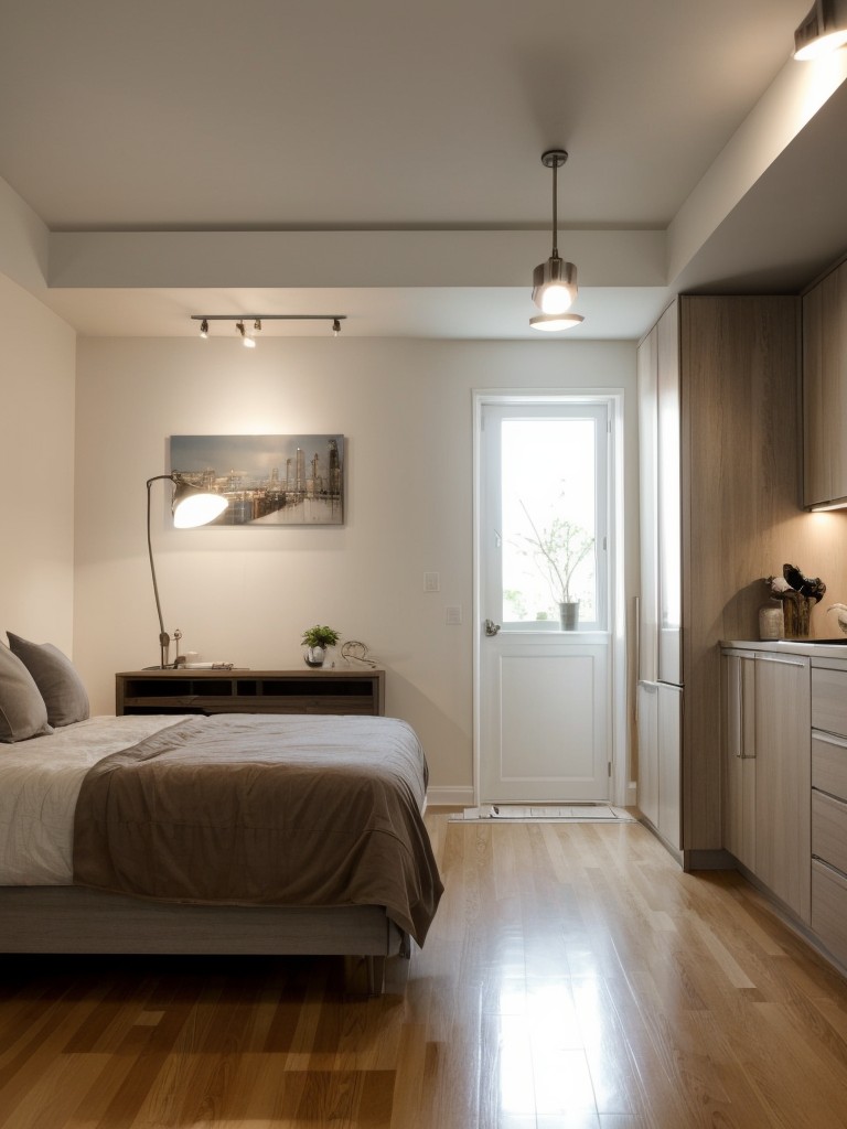 Utilize the power of lighting to create different moods and add depth to a small studio apartment by using different types of fixtures, such as recessed lights, floor lamps, and string lights.