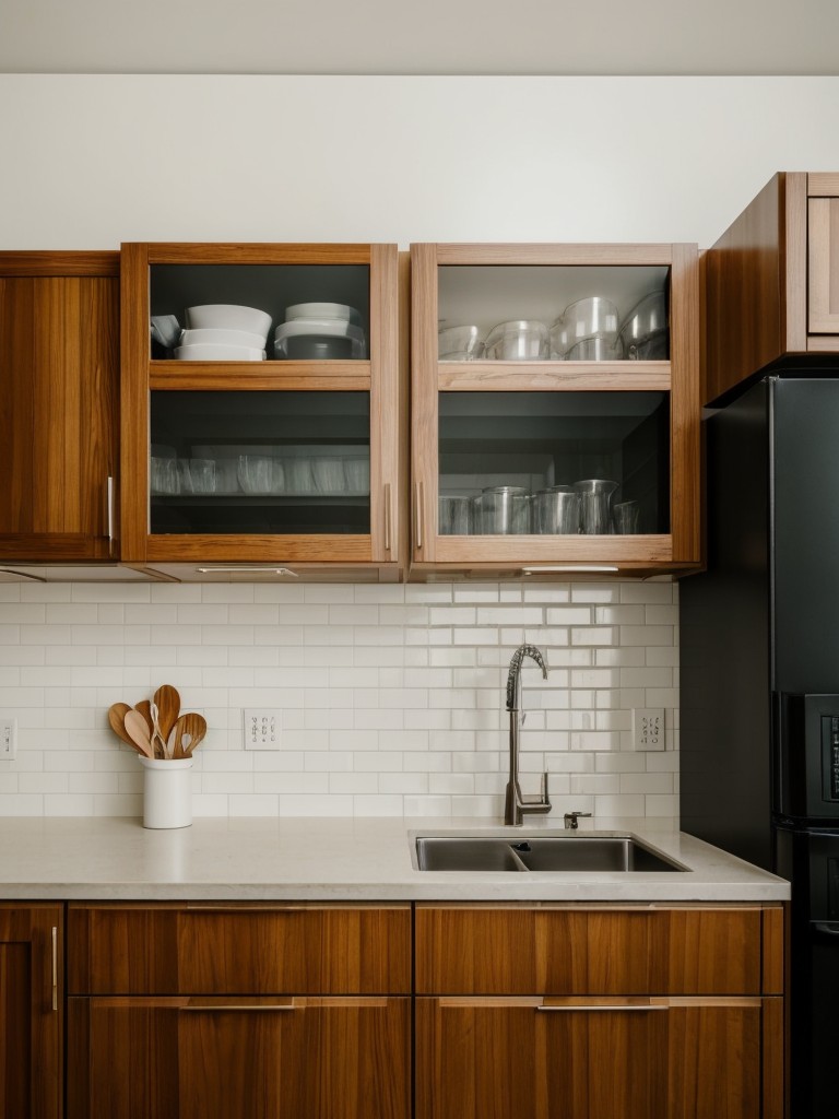 Utilize the space above kitchen cabinets or on top of tall furniture pieces to store infrequently used items or display decorative items in your small studio apartment.