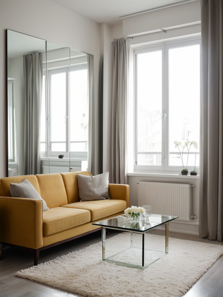 Affordable space-enhancing tricks for small studio apartments, like using mirrors to create the illusion of a larger space and incorporating glass furniture pieces.