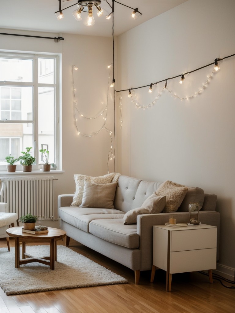 Cheap, yet stylish lighting options to brighten up a studio apartment, like string lights and floor lamps.