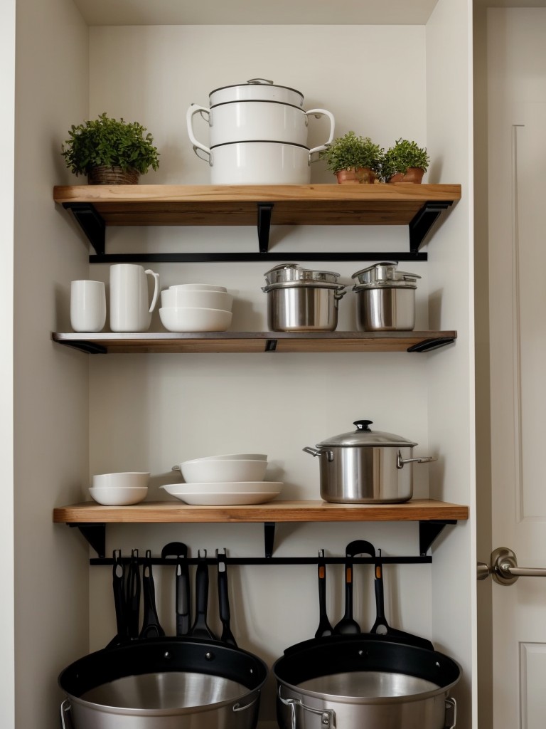 Creative ways to utilize vertical space in a studio apartment, such as wall-mounted bike storage, hanging pots and pans, and floating shelves.