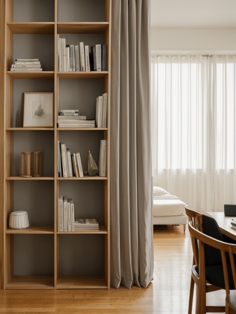 Creative ways to visually divide a studio apartment without building walls, such as using curtains, bookshelves, or folding screens.