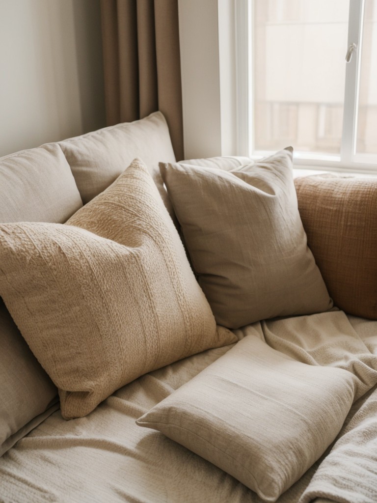 How to create a cozy and inviting atmosphere in a studio apartment with soft textiles, throw pillows, and warm color schemes.