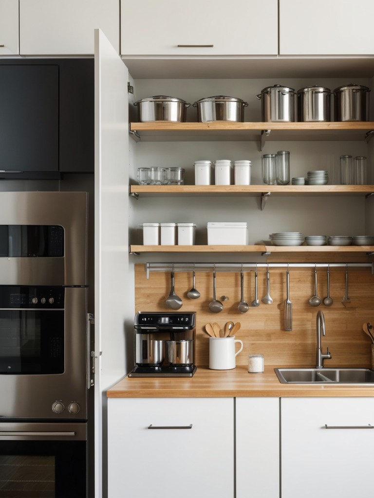 Practical and affordable kitchen organization ideas for a studio apartment, like utilizing vertical space with wall-mounted storage solutions and magnetic knife strips.