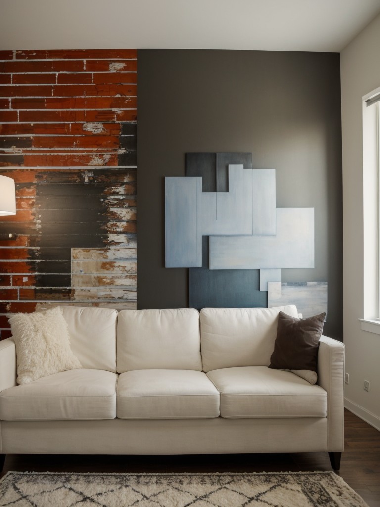 Artistic accent wall in a creative apartment, featuring a large-scale mural created by a local artist or showcase for your own artwork.