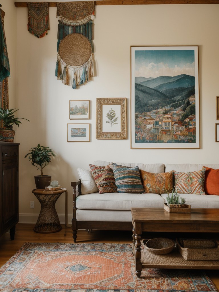 Bohemian-inspired accent wall in an eclectic apartment, showcasing a collection of vibrant tapestries or a gallery wall of unique artwork.