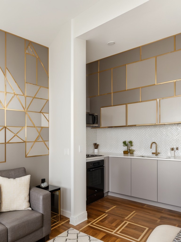 Bold and vibrant accent wall in a neutral-toned apartment, using geometric patterns and metallic paint to create a modern look.