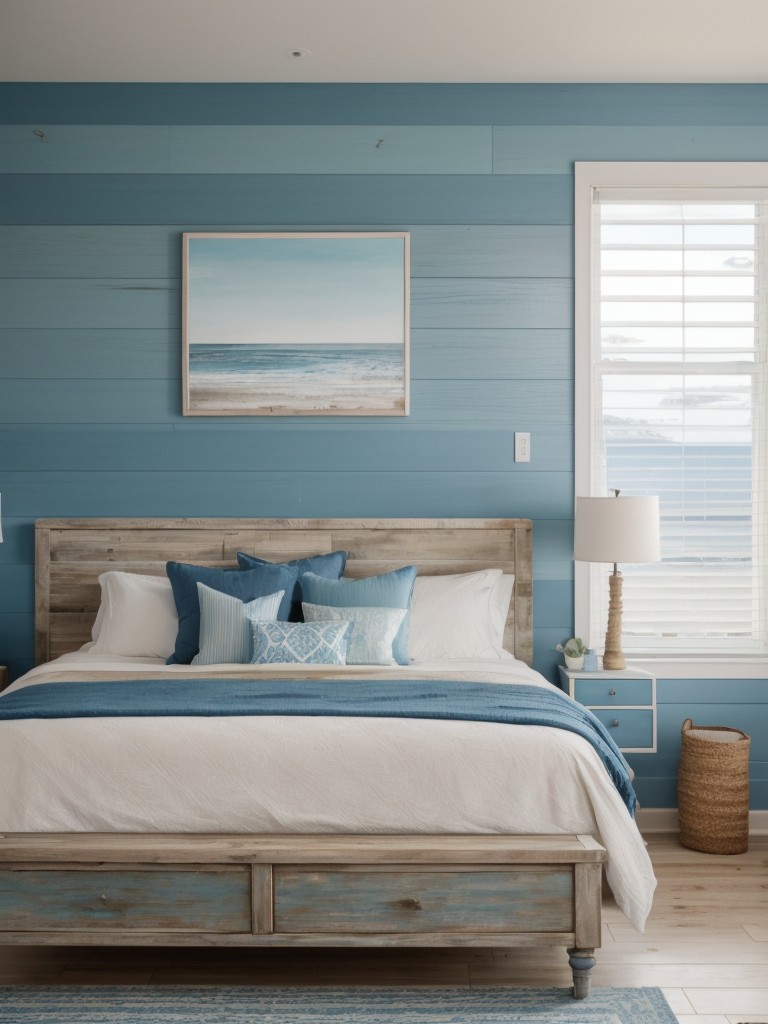 Coastal-inspired accent wall in a beachside apartment, using weathered wood panels or a soothing blue paint color to evoke a seaside vibe.