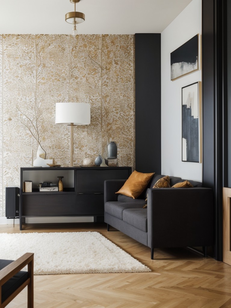 Contemporary accent wall in a traditional apartment, using wallpaper with a modern twist, such as abstract patterns or bold graphics.