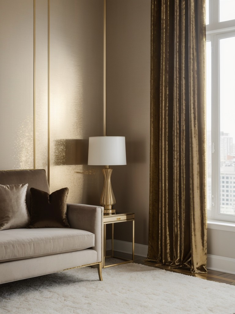 Glamorous accent wall in an elegant apartment, featuring a shimmering wallpaper with metallic accents and luxurious velvet drapes.