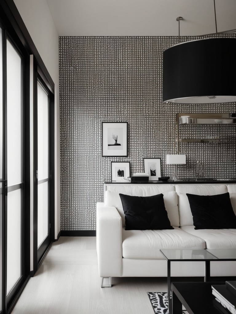 High-contrast accent wall in a contemporary apartment, using black and white wallpaper or a graphic pattern to create a dynamic look.