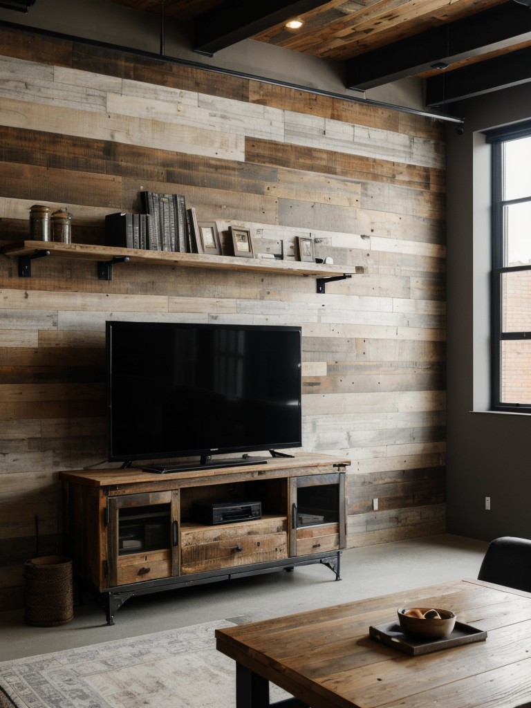 Industrial-inspired accent wall in a rustic apartment, incorporating reclaimed wood panels and exposed brick for a trendy, urban look.