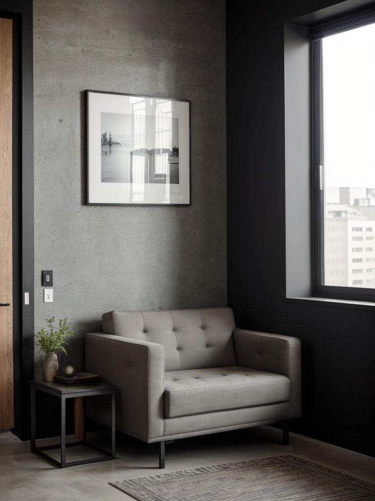 Masculine accent wall in a bachelor pad apartment, utilizing a dark, textured wallpaper or faux concrete finish for a modern, sophisticated look.