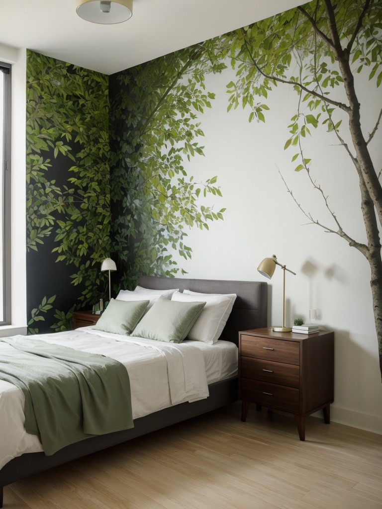 Nature-inspired accent wall in a minimalist apartment, using a mural depicting a lush forest or serene beach scene to create a peaceful ambiance.