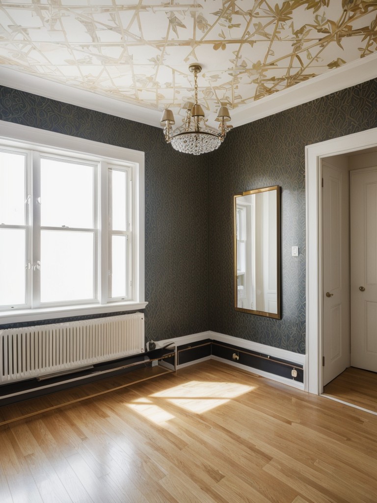 Optical illusion accent wall in a quirky apartment, incorporating a wallpaper with trompe-l'oeil effects or an eye-catching illusionary design.