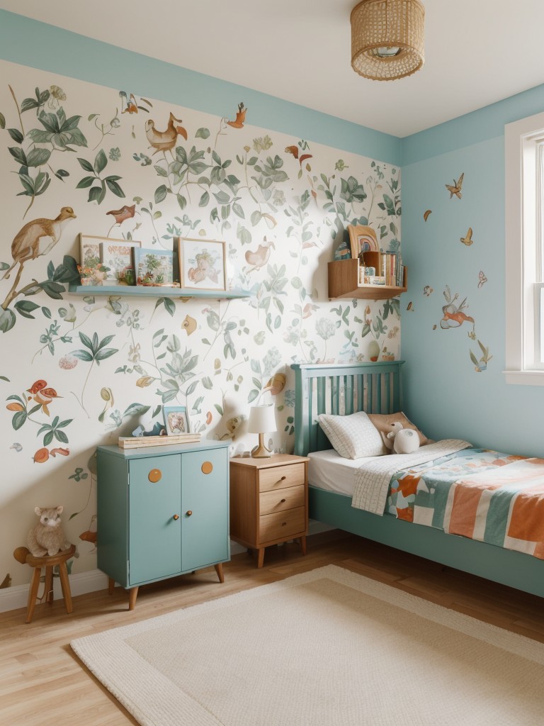 Playful accent wall in a children's apartment, showcasing a whimsical wallpaper with illustrations of animals, fairy tales, or superheroes.