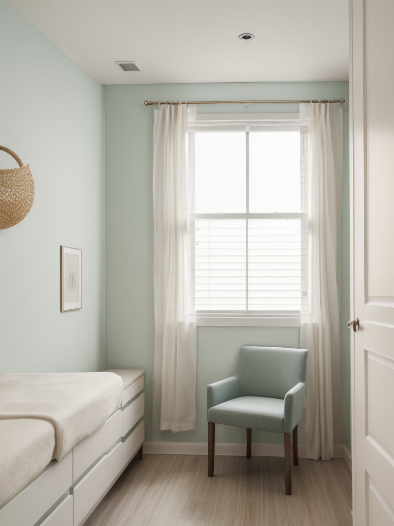 Serene and soothing accent wall in a vibrant apartment, utilizing a soft pastel color palette and textured wallpaper for a calming effect.