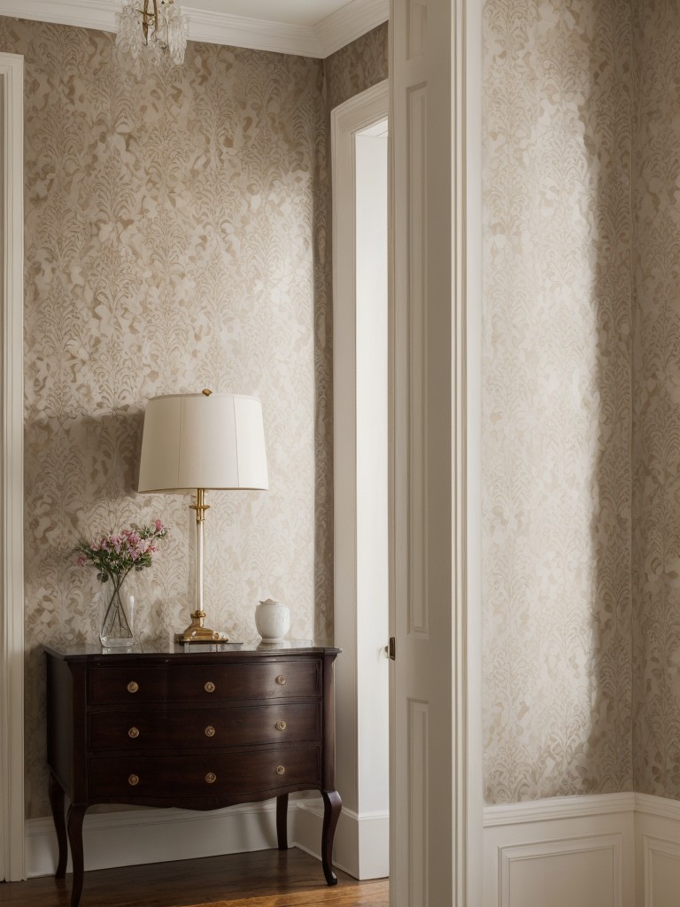 Timeless accent wall in a classic apartment, incorporating elegant wallpaper with damask prints or a dramatic toile pattern.