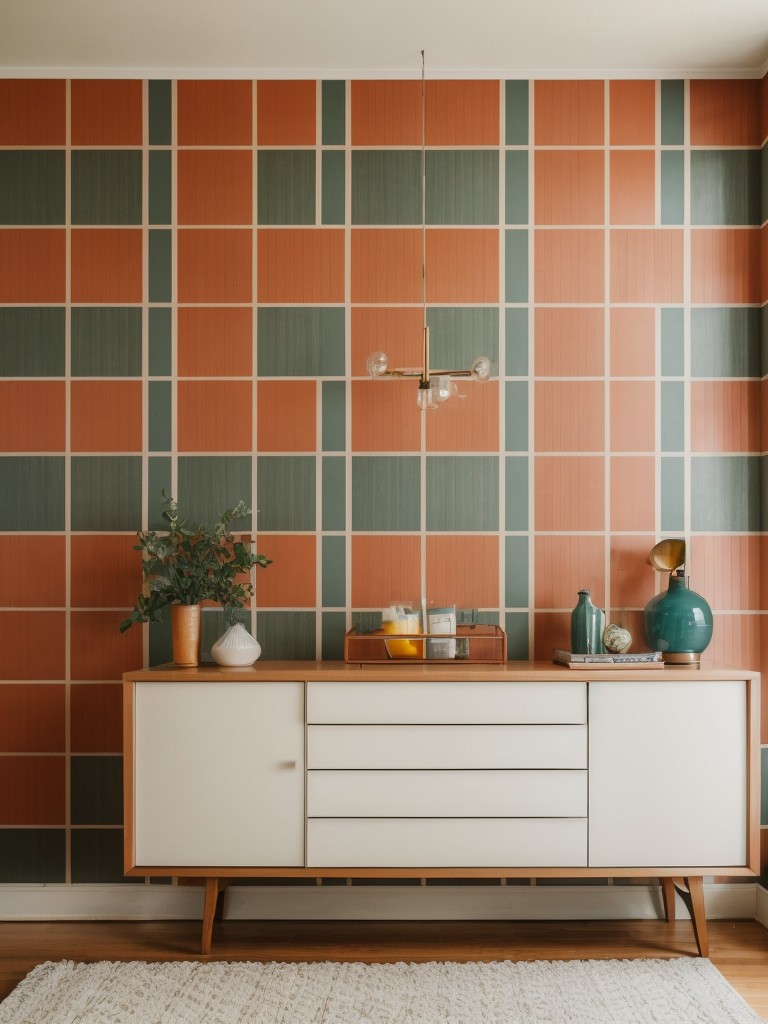 Vintage-inspired accent wall in a retro apartment, incorporating colorful, geometric wallpaper reminiscent of the 1960s or '70s.