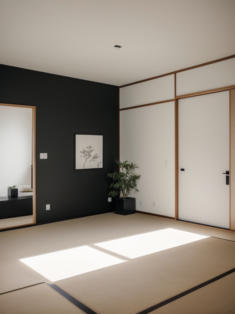 Zen-inspired accent wall in a meditation space within the apartment, utilizing a monochromatic color scheme and a minimalist Japanese-inspired mural.