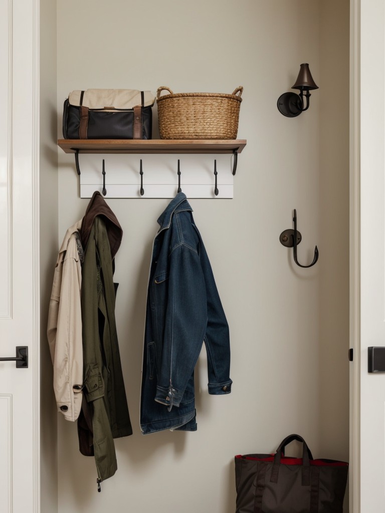 Install wall-mounted hooks or a coat rack near the entryway to keep jackets and bags organized.