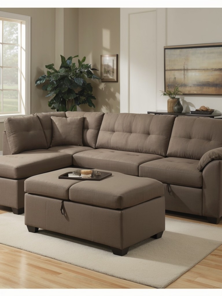 Invest in a comfortable and practical seating arrangement, such as a compact sectional or a loveseat with built-in storage.