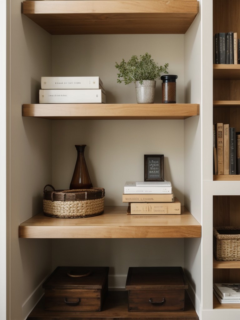 Opt for open shelving or floating bookshelves to display personal items without sacrificing floor space.