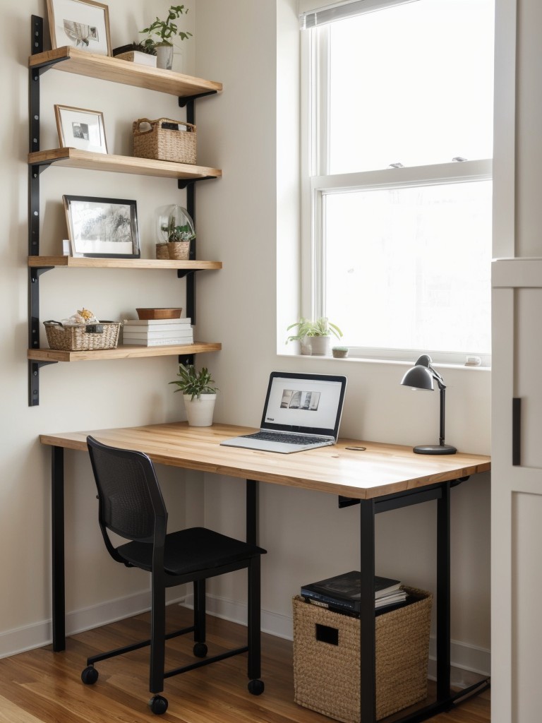 Opt for space-saving solutions like wall-mounted shelves or floating desks to maximize the available floor space.