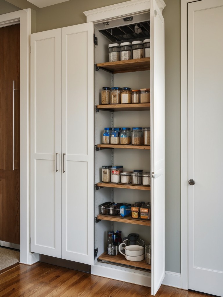 Utilize vertical storage options, such as floor-to-ceiling cabinets or wall-mounted hooks, to keep the apartment organized.