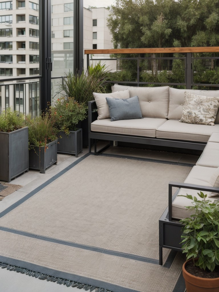 Achieve an urban oasis feel on your balcony with industrial-style furniture, concrete planters, and a cozy outdoor rug.