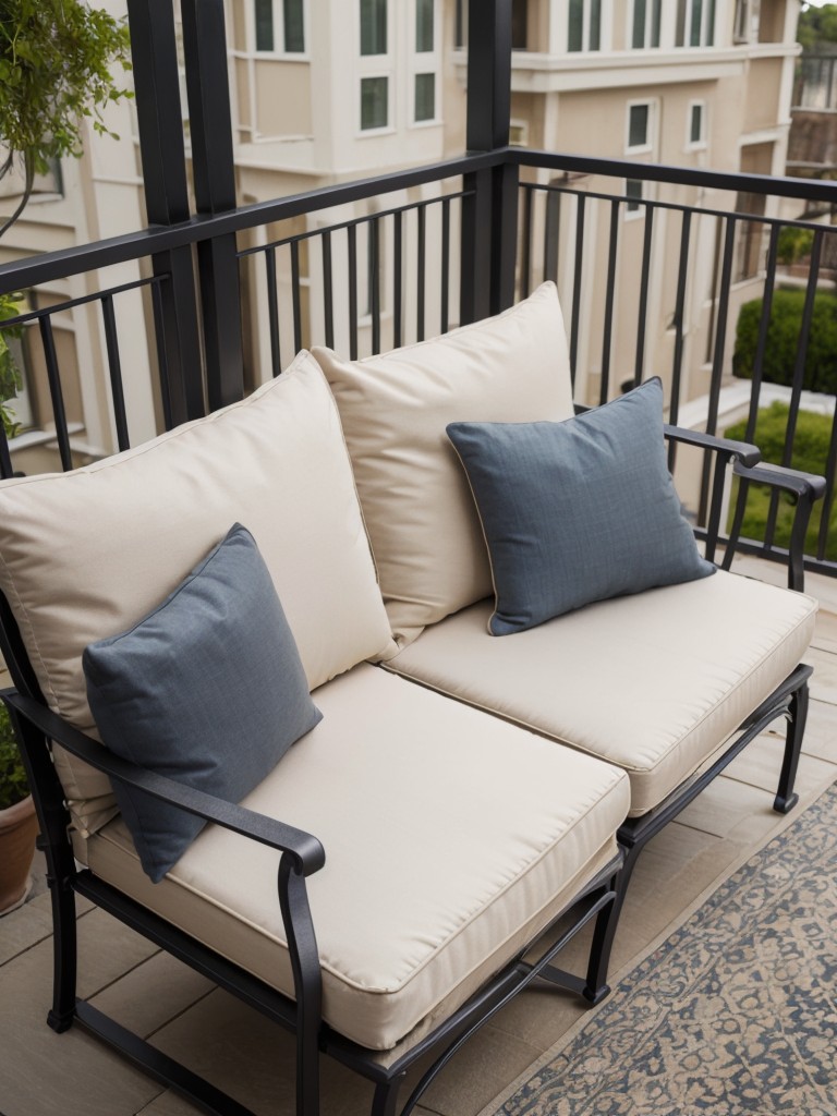 Add a touch of elegance to your balcony with wrought iron furniture, decorative pillows, and a charming outdoor rug.