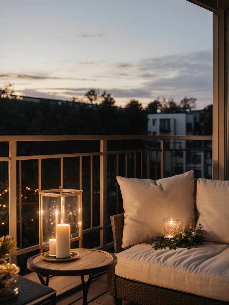 Add a touch of romance to your balcony with fairy lights, romantic candles, and a cozy loveseat for intimate evenings.