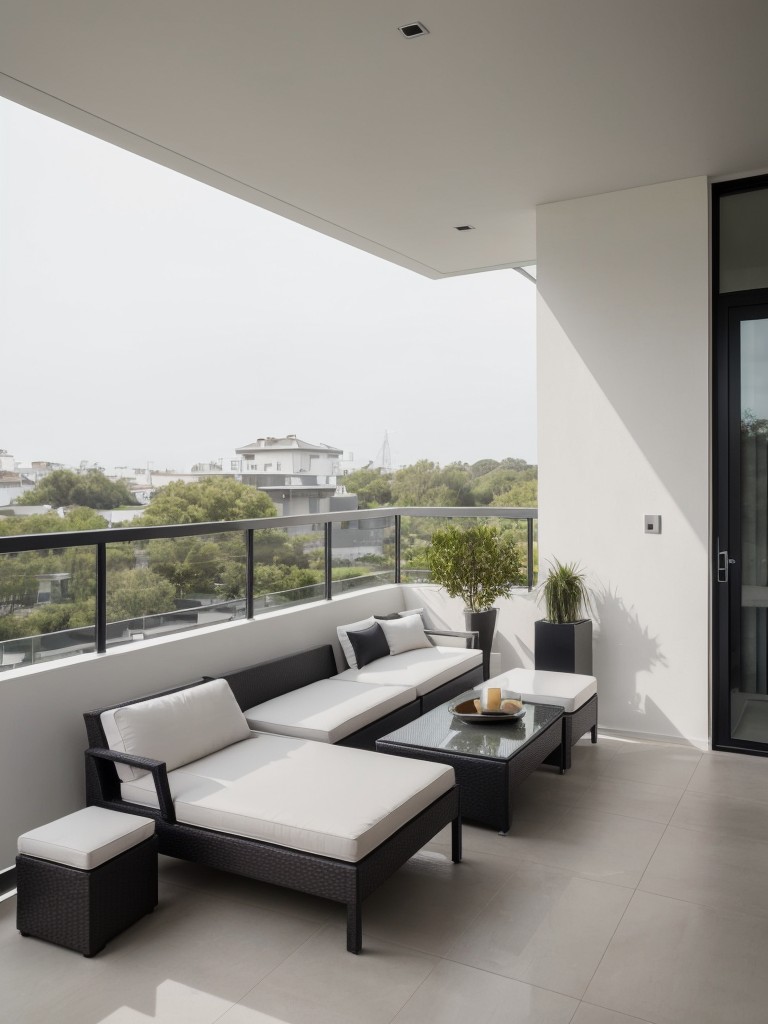 Create a minimalist and modern balcony with sleek furniture designs, monochromatic color schemes, and clean lines.