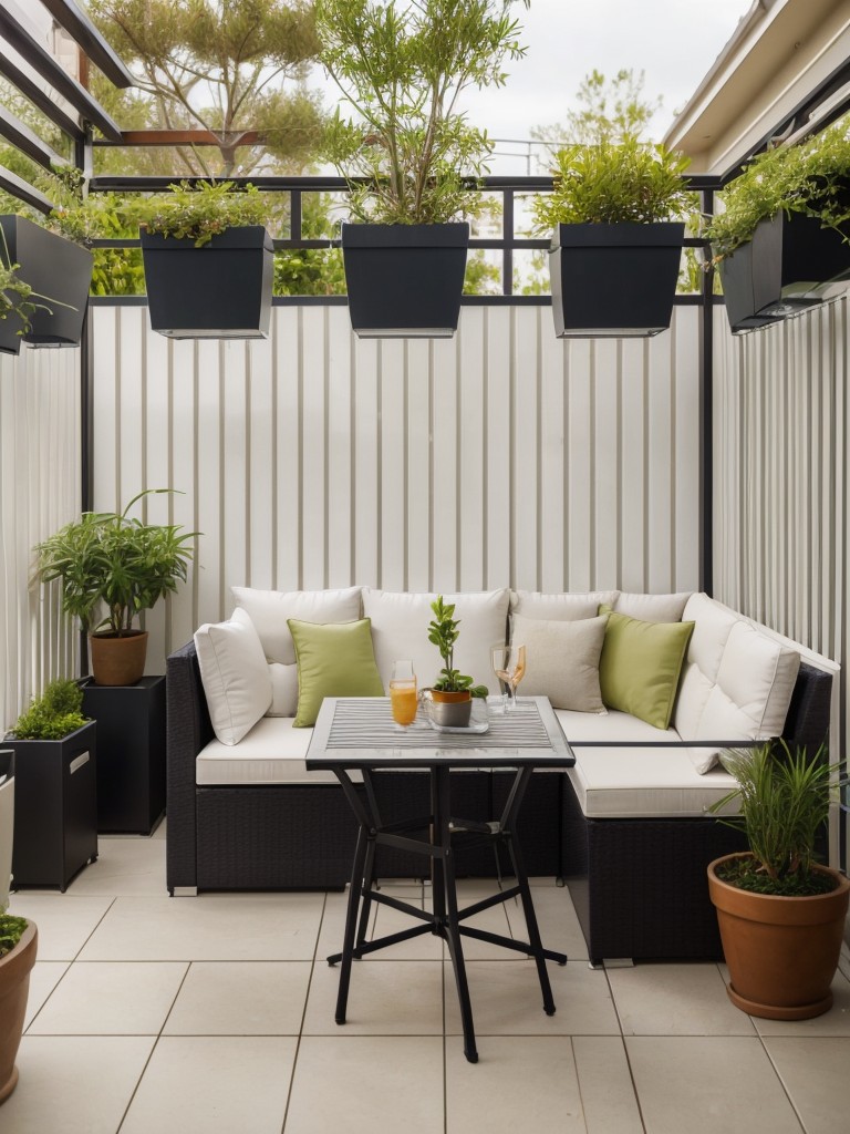 Create a stylish and functional balcony with a small bistro dining set, potted plants, and privacy screens or trellis.