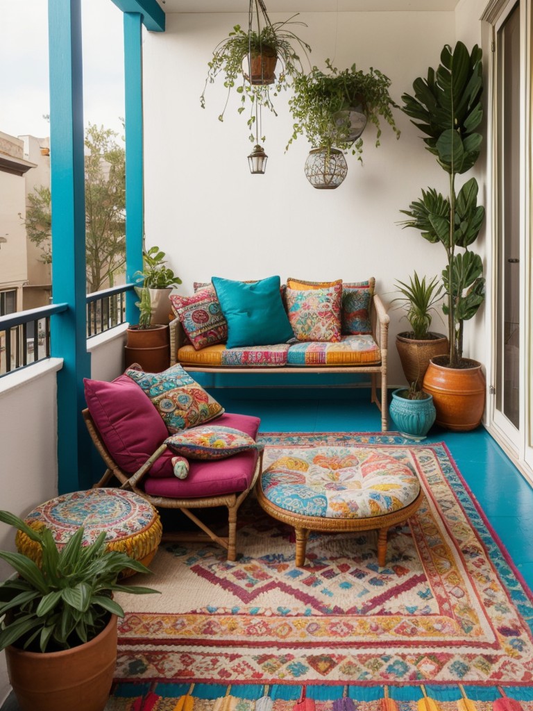 Design a Bohemian-inspired balcony with colorful textiles, floor cushions, and eclectic furniture for an eclectic and vibrant atmosphere.