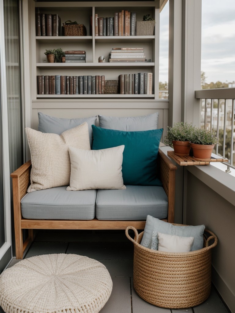 Design a cozy reading nook on your balcony with a small loveseat, throw pillows, and a bookshelf filled with your favorite titles.