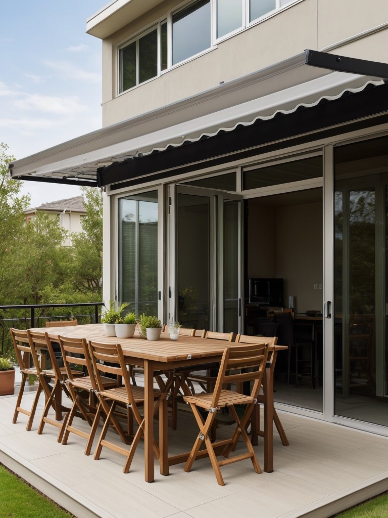 Design a space-saving balcony with vertical gardens, folding tables and chairs, and a retractable awning for versatile use.