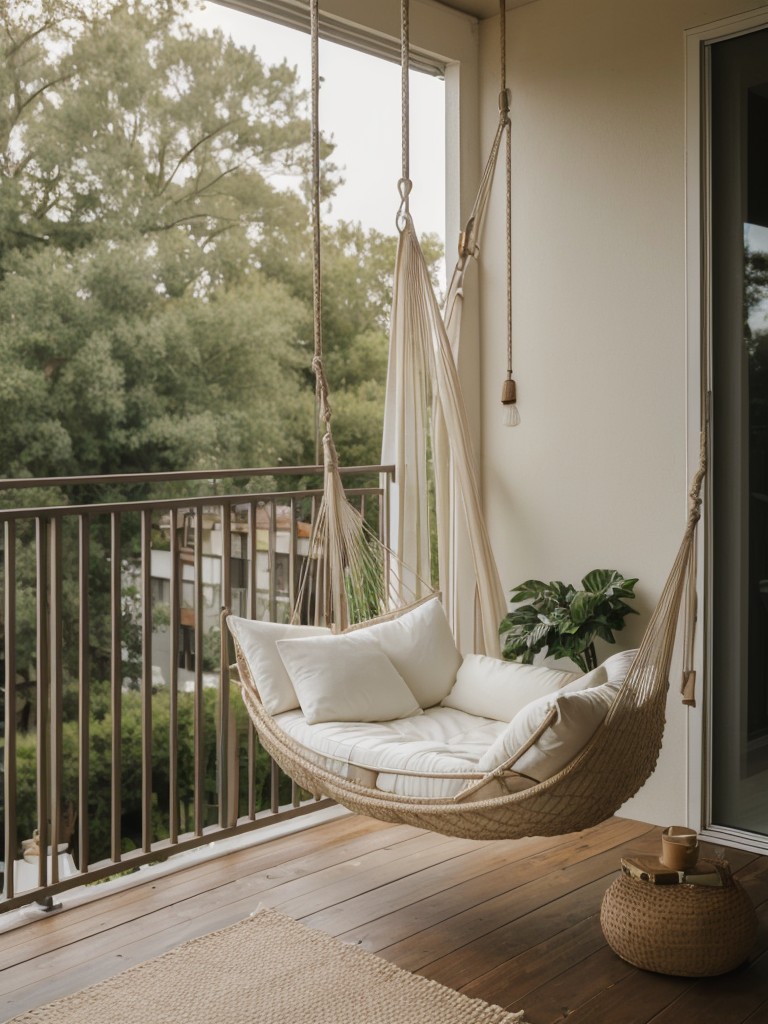 Elevate your balcony with a hammock, hanging chairs, or a swing for ultimate relaxation and a whimsical atmosphere.