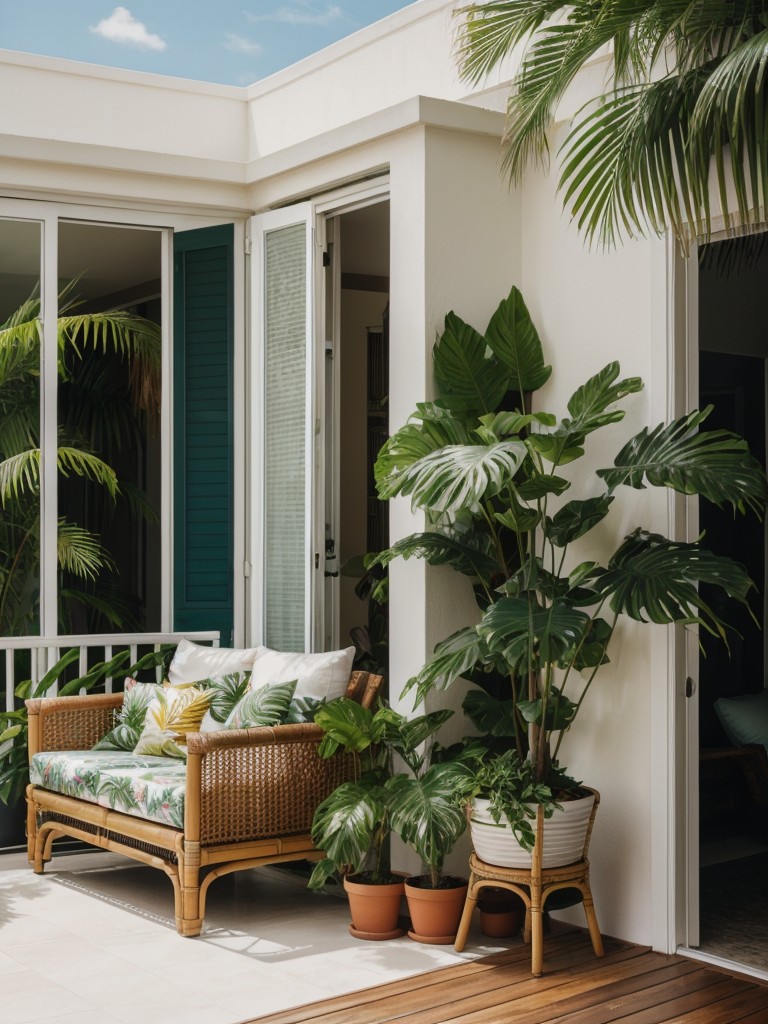 Embrace a tropical paradise on your balcony with lush potted plants, tropical print textiles, and rattan furniture.