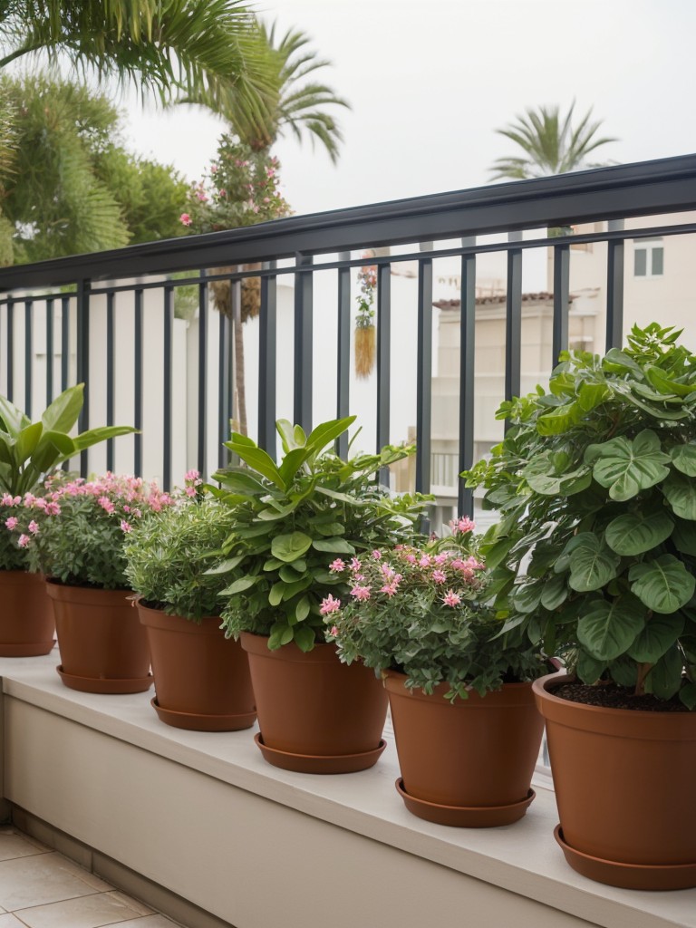 Enhance your balcony's view with tall planters filled with flowering shrubs, potted palms, or vibrant succulents.