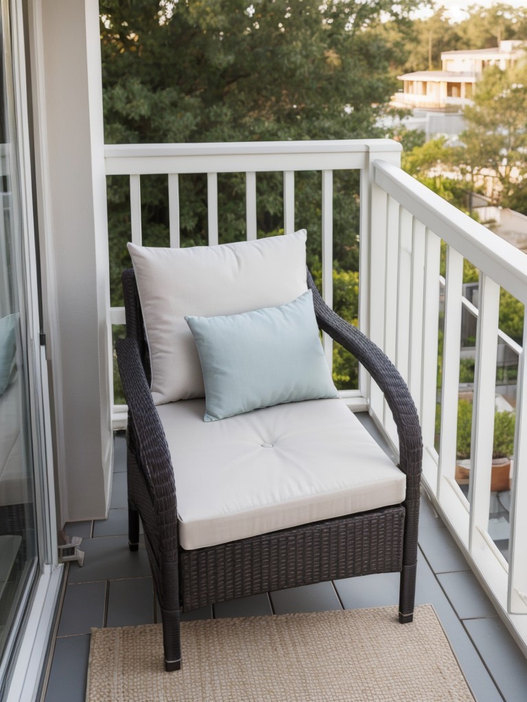 Give your balcony a serene vibe with a calming color palette, comfortable seating, and soft outdoor cushions.