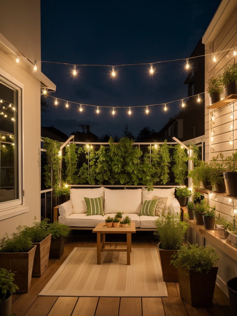 Make your balcony a mini herb garden paradise with vertical planters, colorful seating, and string lights for a cozy ambiance.