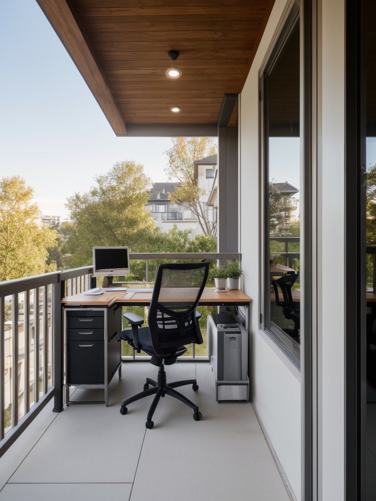 Optimize your balcony as a home office space with a compact desk, ergonomic chair, and good lighting.