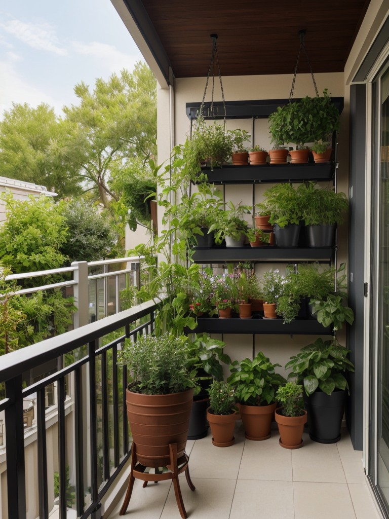 Showcase your green thumb on your balcony with a variety of potted plants, hanging planters, and a vertical garden.