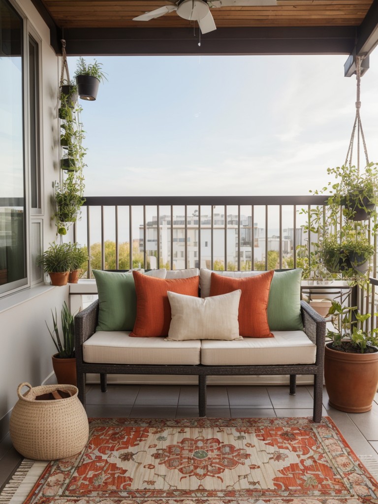 Transform your apartment balcony into an inviting outdoor oasis with cozy furniture, hanging plants, and vibrant rugs.