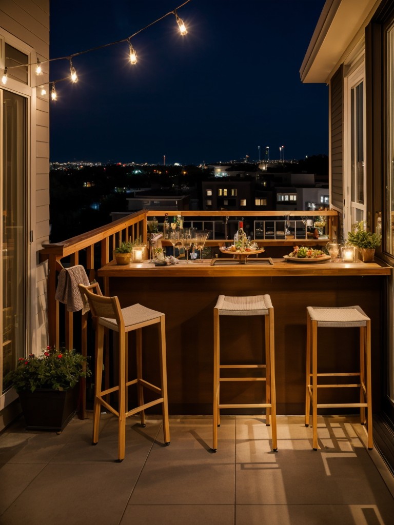 Turn your balcony into an intimate space for entertaining with a bar cart, string lights, and comfortable seating for impromptu gatherings.