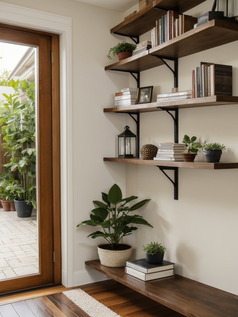 Incorporate floating shelves or wall-mounted bookcases to display books, plants, and decorative items without taking up valuable floor space.