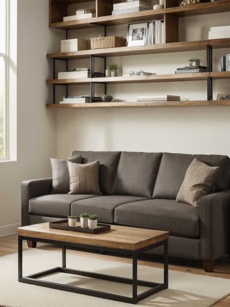 Utilize multifunctional furniture pieces, such as a sofa with hidden storage or a coffee table with built-in shelving.